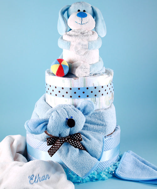 Baby's Puppy Pal Deluxe Personalized Diaper Cake Boy Baby Gift