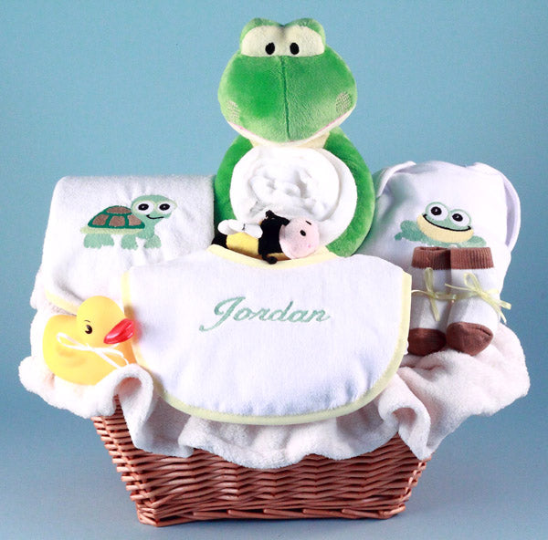 Frog and Pals Personalized Baby Gift Basket