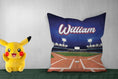 Load image into Gallery viewer, Personalized pillow with "William," showing a baseball field design, pikachoo soft toy on side
