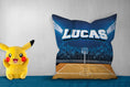 Load image into Gallery viewer, Personalized pillow with "Lucas," showing a soccer field design, pikachoo soft toy on side
