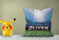 Load image into Gallery viewer, Personalized pillow with "Olivver," showing a Football field design, pikachoo soft toy on side
