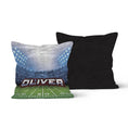 Load image into Gallery viewer, Both side of a throw pillow with a Football field design, featuring the name "Oliver" in bold letters
