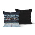 Load image into Gallery viewer, Both side of a throw pillow with a hockey rink design, featuring the name "Daniel" in bold letters
