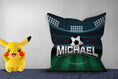 Load image into Gallery viewer, Personalized pillow with "Michael," showing a soccer field design, pikachoo soft toy on side
