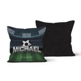 Load image into Gallery viewer, Both side of a throw pillow with a soccer stadium design, featuring the name "Michael" in bold letters
