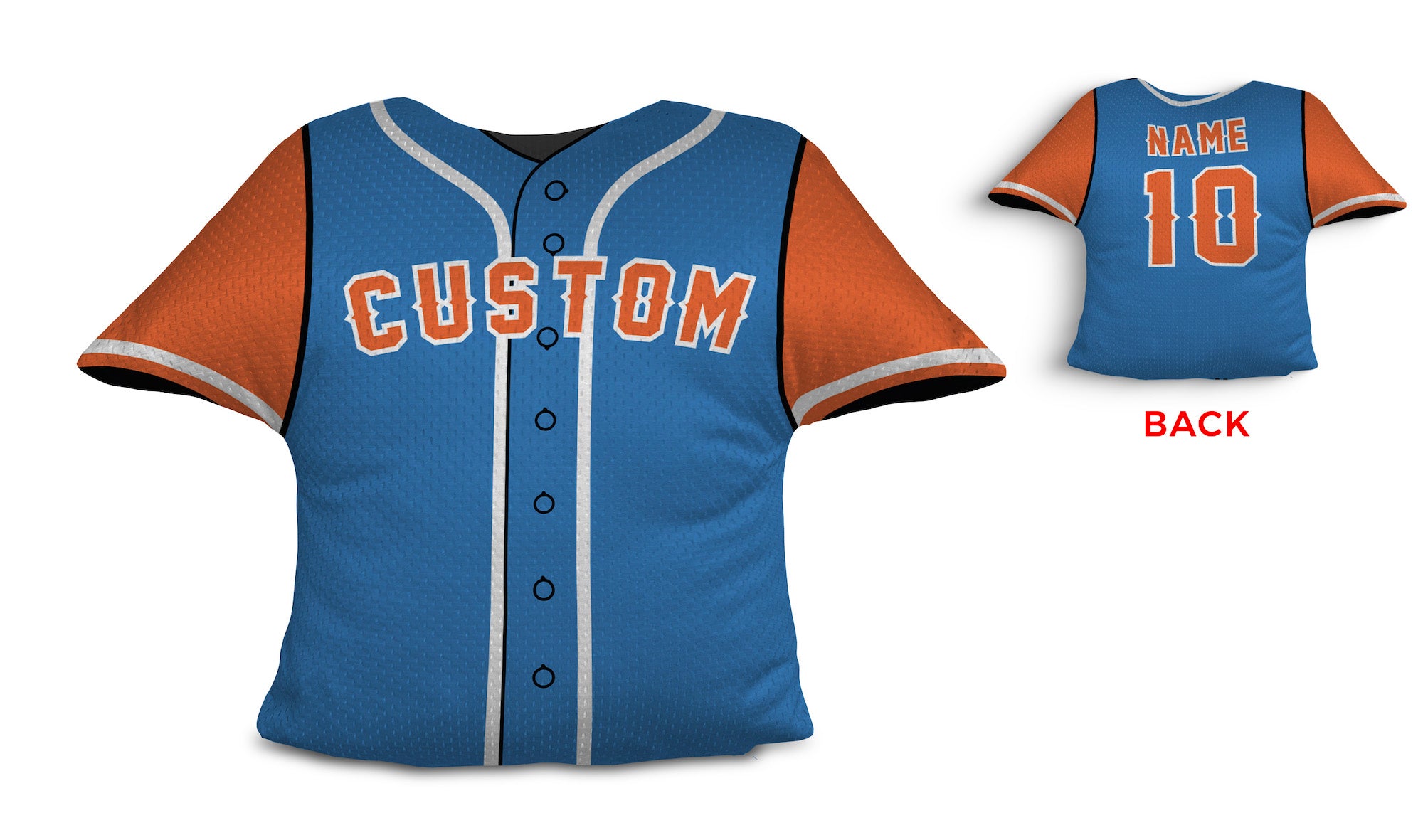 Front and backside of a Personalized Baseball Jersey Pillow in Blue Orange color