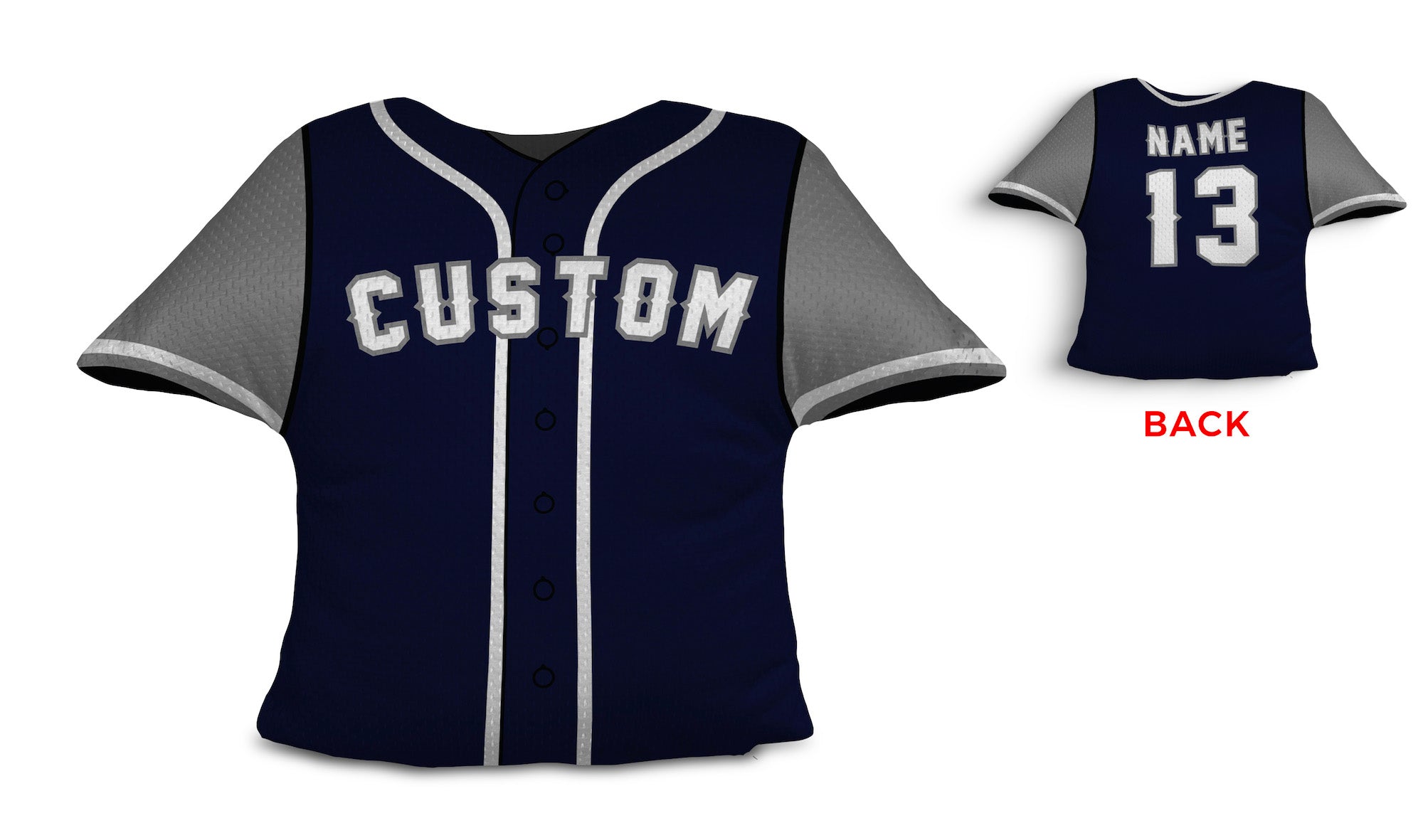 Front and backside of a Personalized Baseball Jersey Pillow in Black Grey color