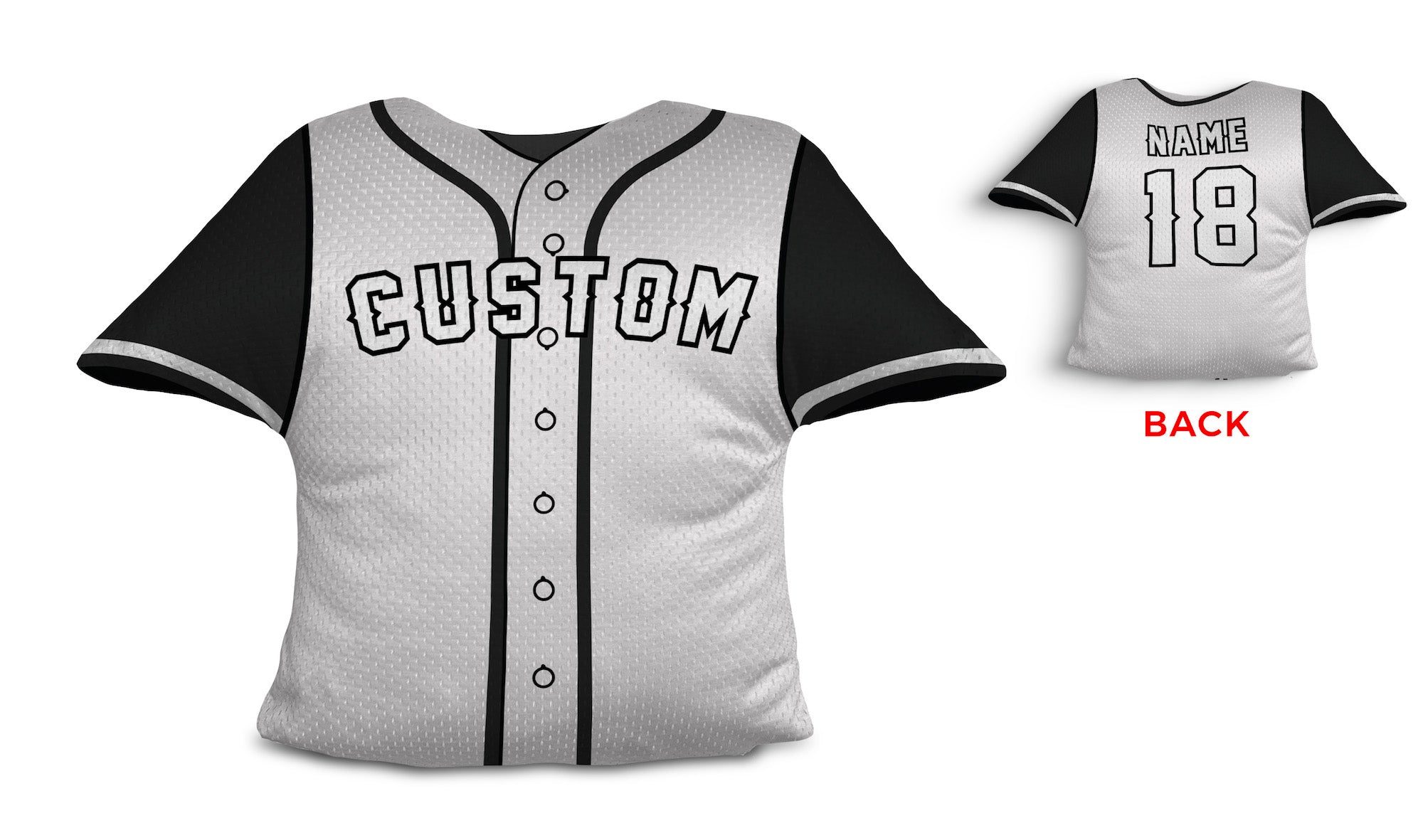 Front and backside of a Personalized Baseball Jersey Pillow in White Black color