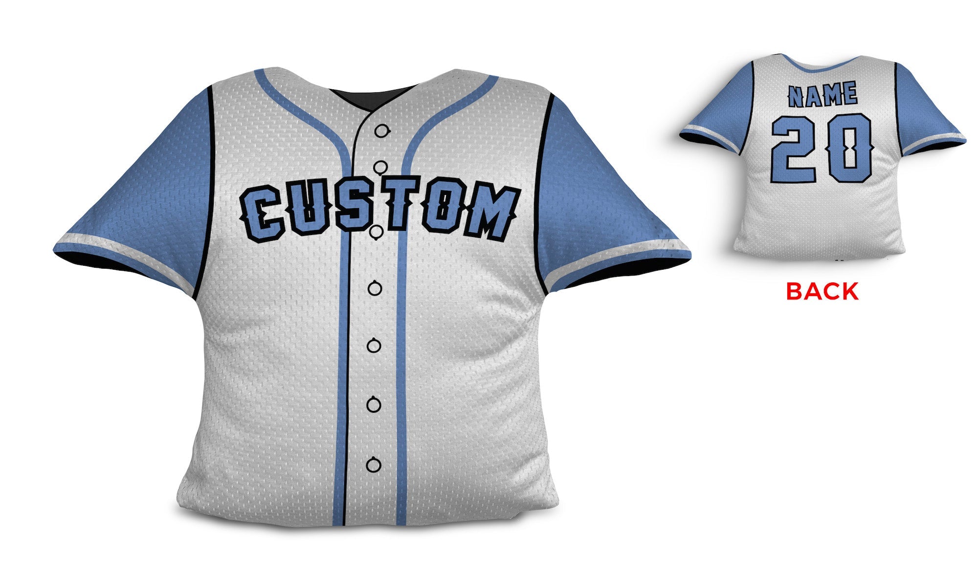 Front and backside of a Personalized Baseball Jersey Pillow in White-LT Blue color