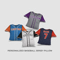 Load image into Gallery viewer, Four different type of Personalized Baseball Jersey Pillow with different designs on a white surface
