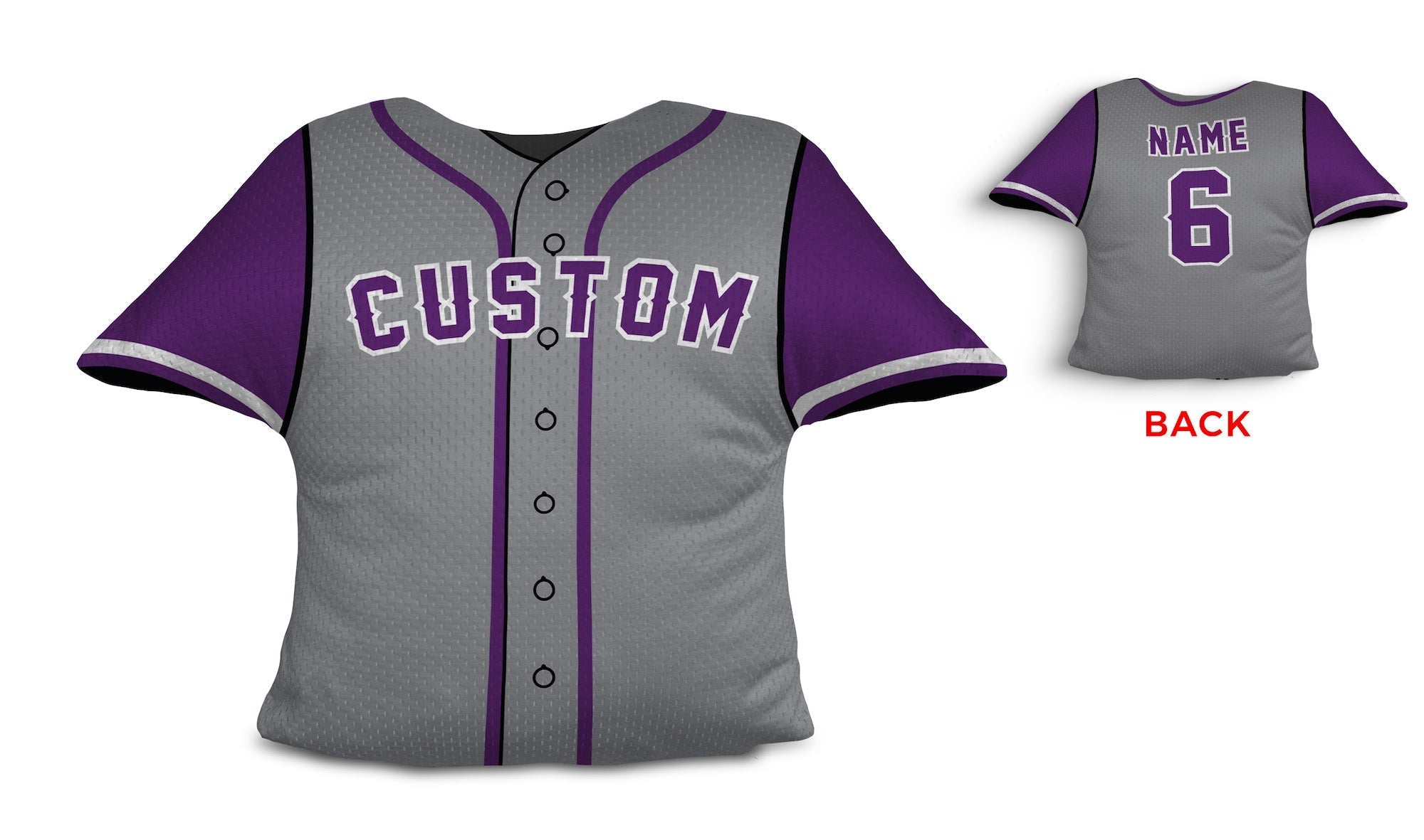 Front and backside of a Personalized Baseball Jersey Pillow in Grey Purple color