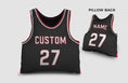 Load image into Gallery viewer, Front and backside of a Personalized Basketball Jersey Pillow in Black-Red-White color 
