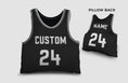 Load image into Gallery viewer, Front and backside of a Personalized Basketball Jersey Pillow in black-white-grey color 
