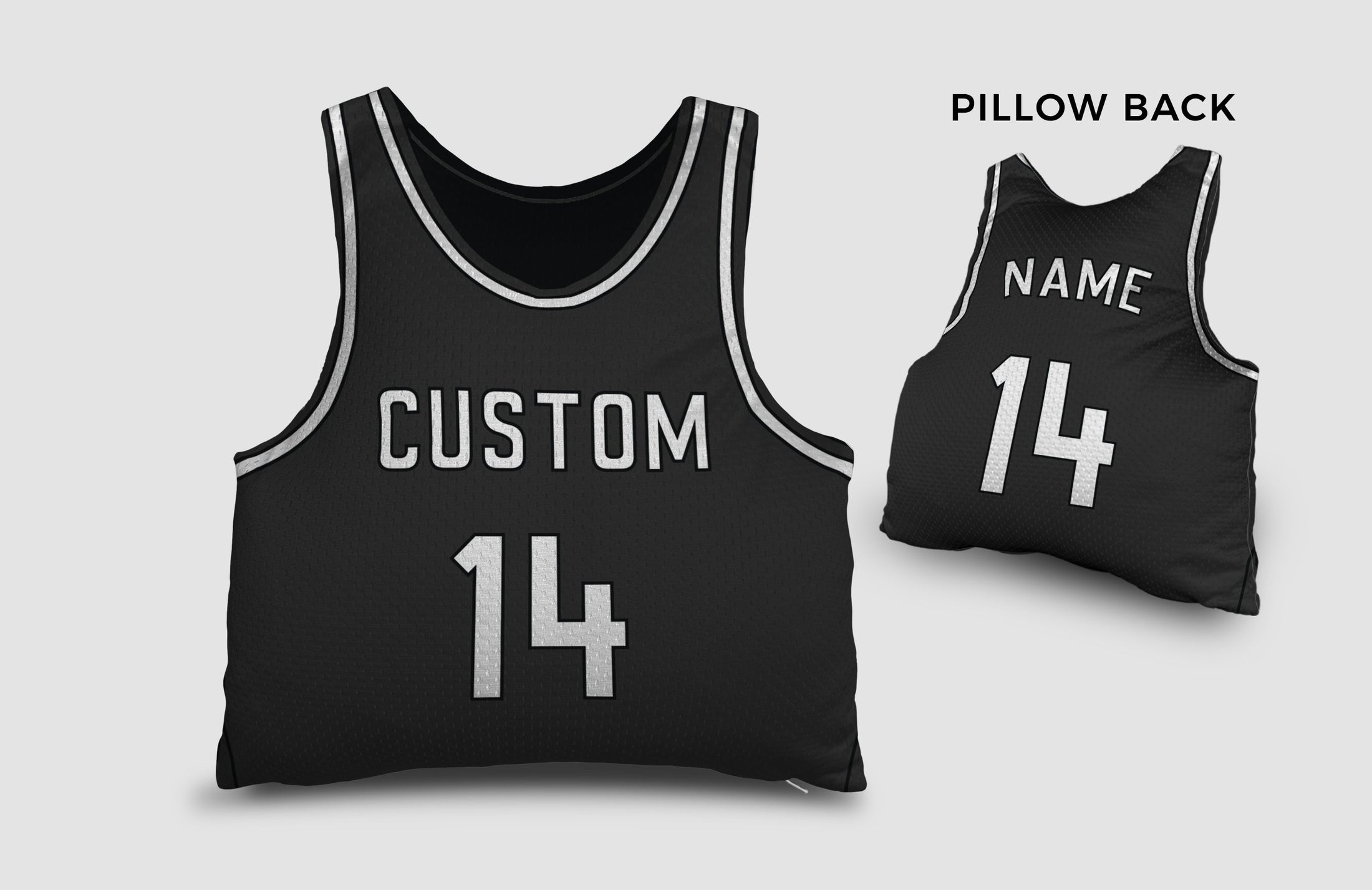 Front and backside of a Personalized Basketball Jersey Pillow in White-Black color