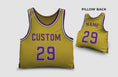 Load image into Gallery viewer, Front and backside of a Personalized Basketball Jersey Pillow in Yellow-Purple-White color 
