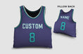 Load image into Gallery viewer, Front and backside of a Personalized Basketball Jersey Pillow in teal-purple-white color
