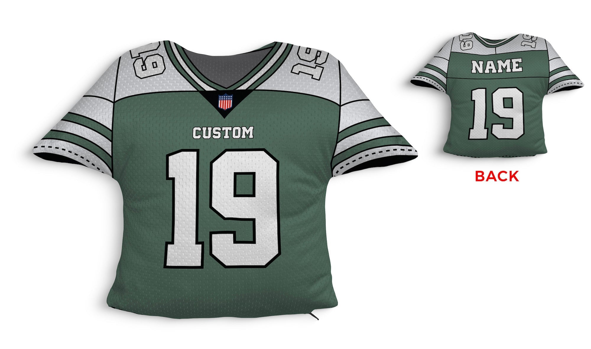 Front and backside of a Personalized Football Jersey Pillow in  Green-White-Black color