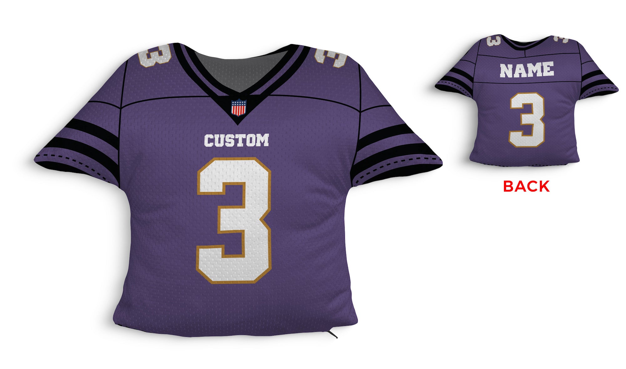 Front and backside of a Personalized Football Jersey Pillow in Purple-White-Gold color