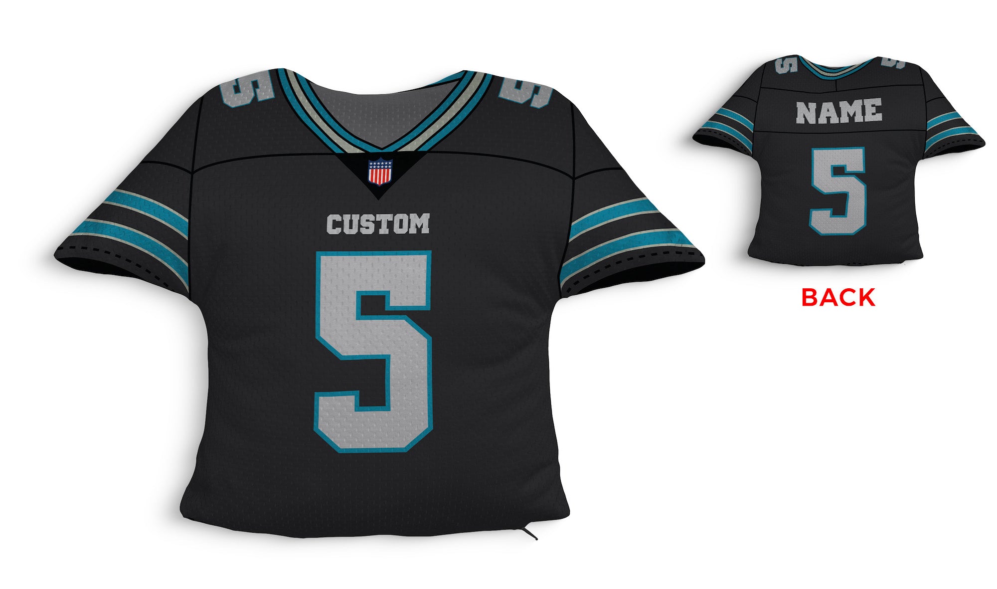 Front and backside of a Personalized Football Jersey Pillow in Black-Teal-Grey color