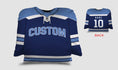 Load image into Gallery viewer, Front and backside of a Personalized Hockey Jersey Pillow in Light Blue-Royal-White color
