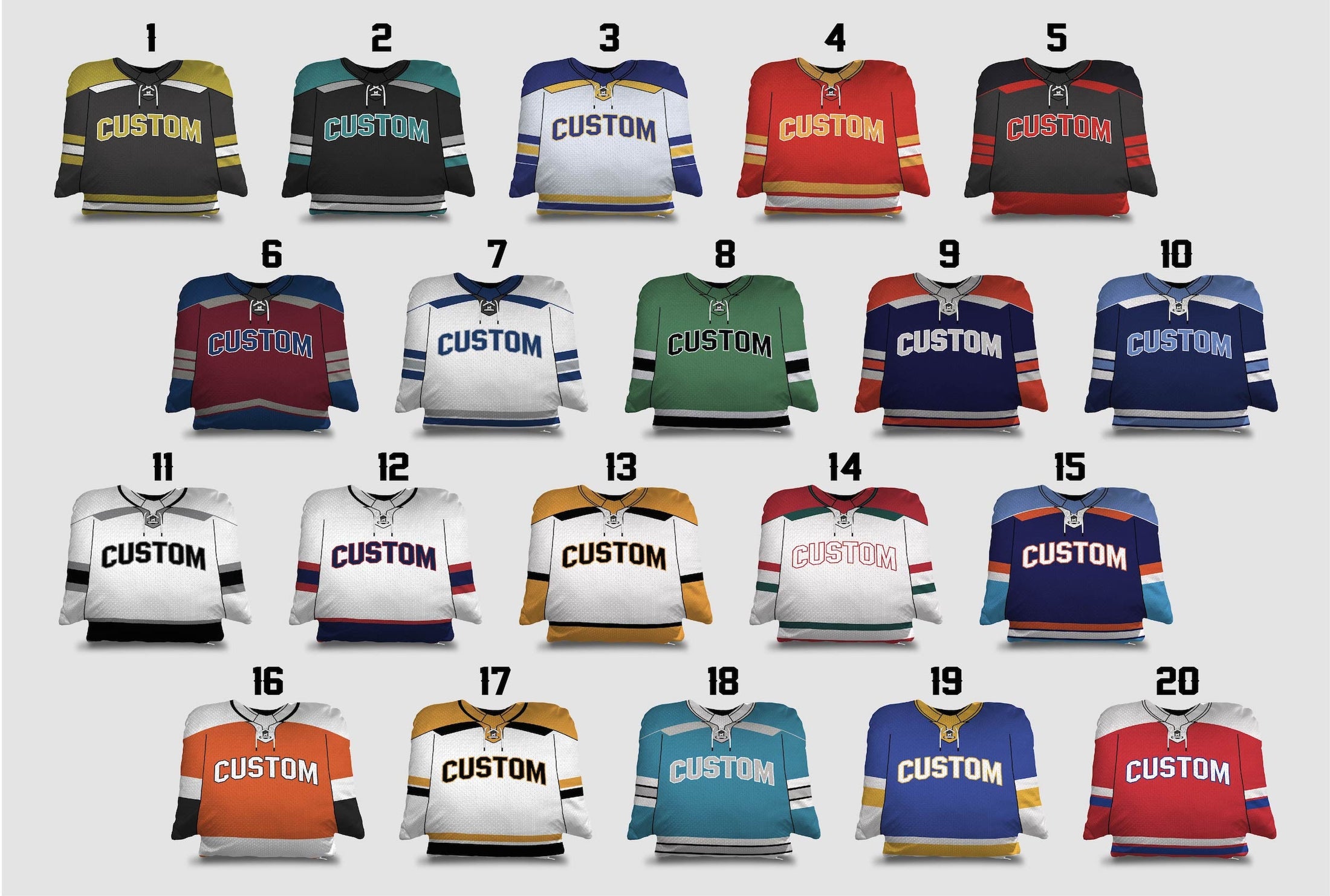 Twenty different type of Personalized Hockey Jersey Pillow with different designs on a white surface