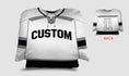 Load image into Gallery viewer, Front and backside of a Personalized Hockey Jersey Pillow in White-Black color
