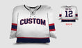 Load image into Gallery viewer, Front and backside of a Personalized Hockey Jersey Pillow in White-Red-Blue color
