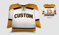 Load image into Gallery viewer, Front and backside of a Personalized Hockey Jersey Pillow in White-Gold-Black color
