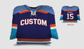 Load image into Gallery viewer, Front and backside of a Personalized Hockey Jersey Pillow in Navy-Orange-Blue color
