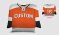 Load image into Gallery viewer, Front and backside of a Personalized Hockey Jersey Pillow in Orange-Black-White color
