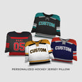 Load image into Gallery viewer, Four different type of Personalized Hockey Jersey Pillow with different designs on a white surface
