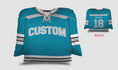 Load image into Gallery viewer, Front and backside of a Personalized Hockey Jersey Pillow in Aqua-Grey-White color 
