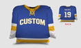 Load image into Gallery viewer, Front and backside of a Personalized Hockey Jersey Pillow in Royal-Gold-White color  
