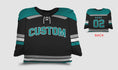 Load image into Gallery viewer, Front and backside of a Personalized Hockey Jersey Pillow in Black-White-Teal color
