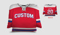 Load image into Gallery viewer, Front and backside of a Personalized Hockey Jersey Pillow in Red-White-Blue color 
