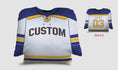 Load image into Gallery viewer, Front and backside of a Personalized Hockey Jersey Pillow in Yellow-Royal-White color 
