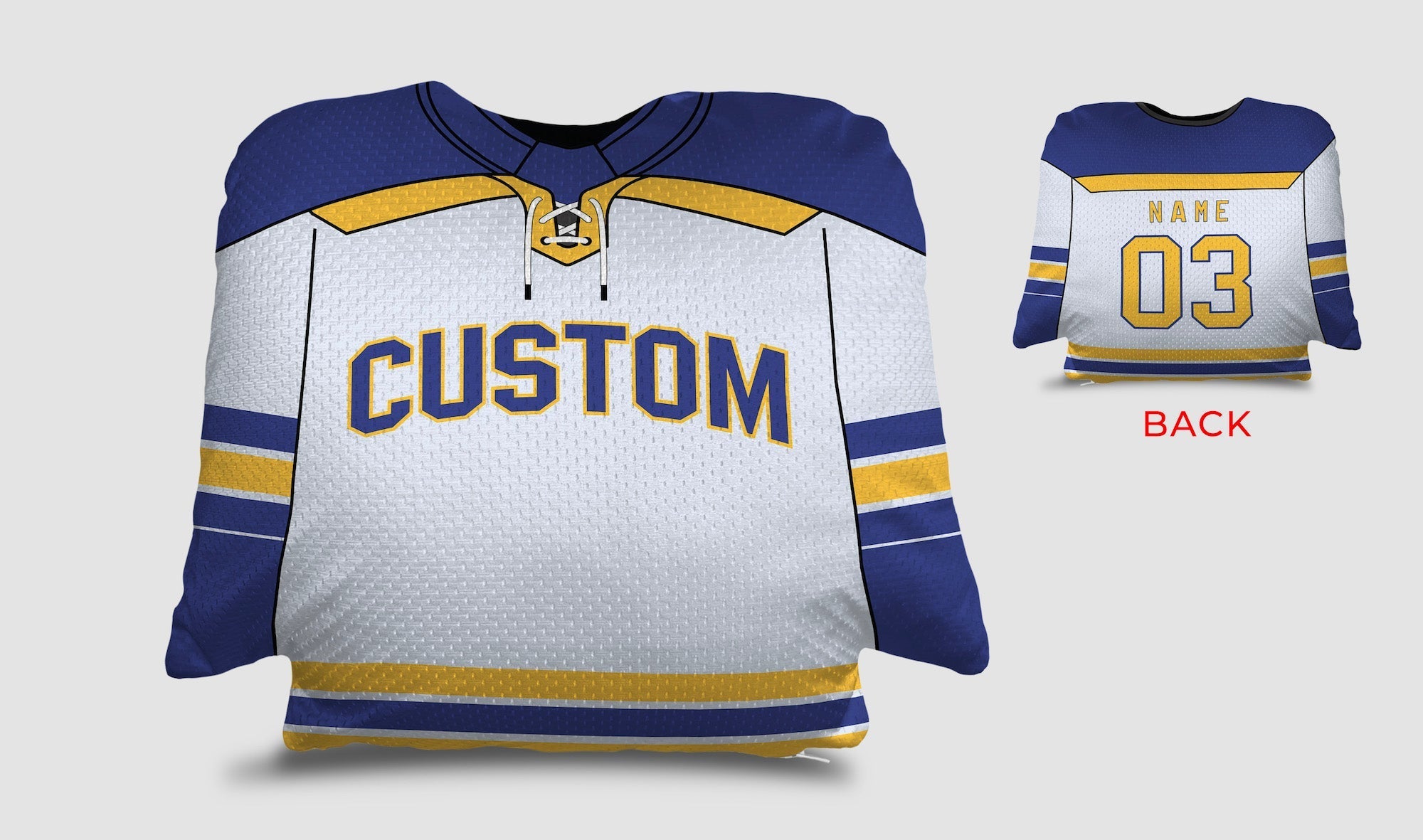 Front and backside of a Personalized Hockey Jersey Pillow in Yellow-Royal-White color 