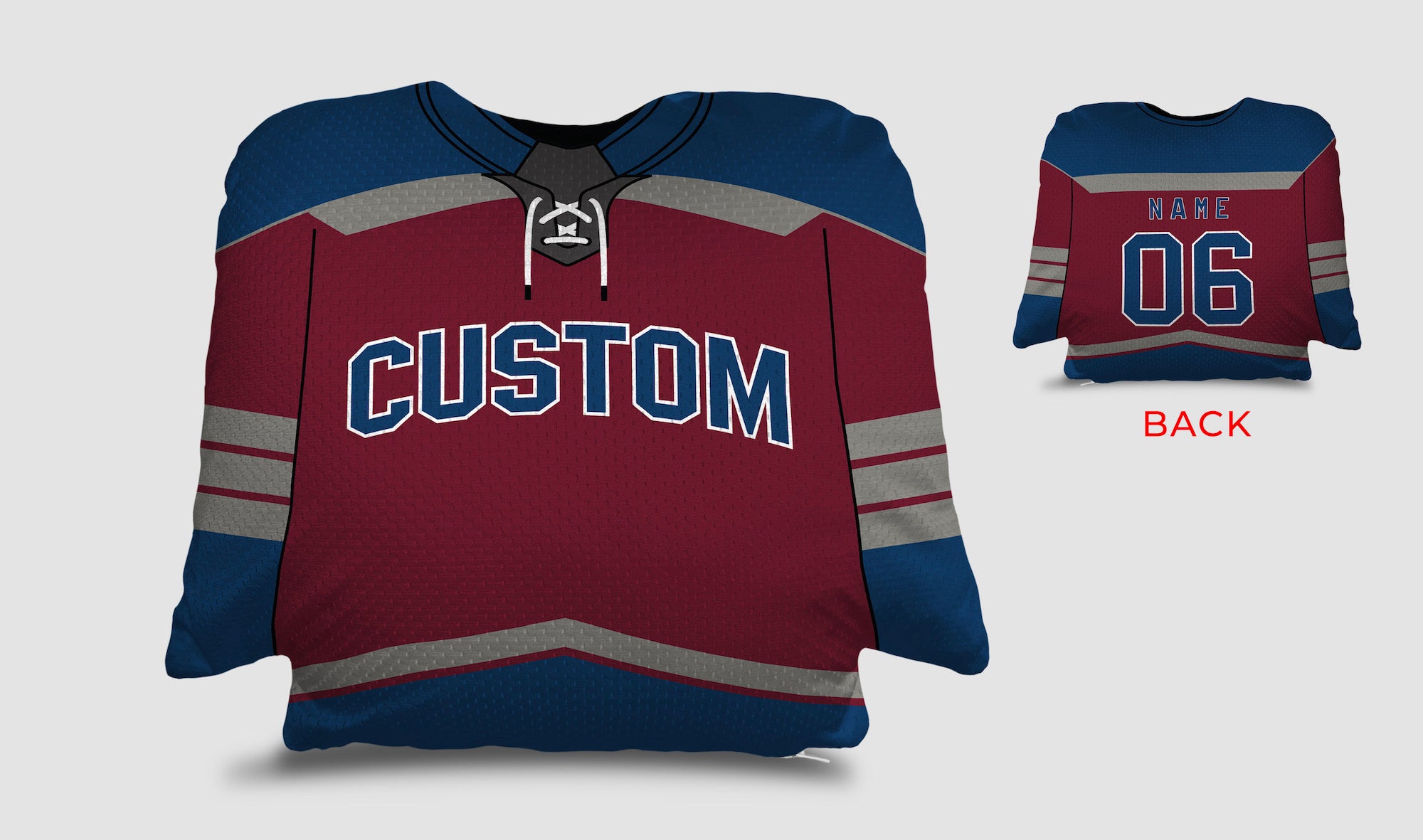 Front and backside of a Personalized Hockey Jersey Pillow in Maroon-Grey-Navy color