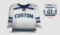 Load image into Gallery viewer, Front and backside of a Personalized Hockey Jersey Pillow in White-Blue-Grey color
