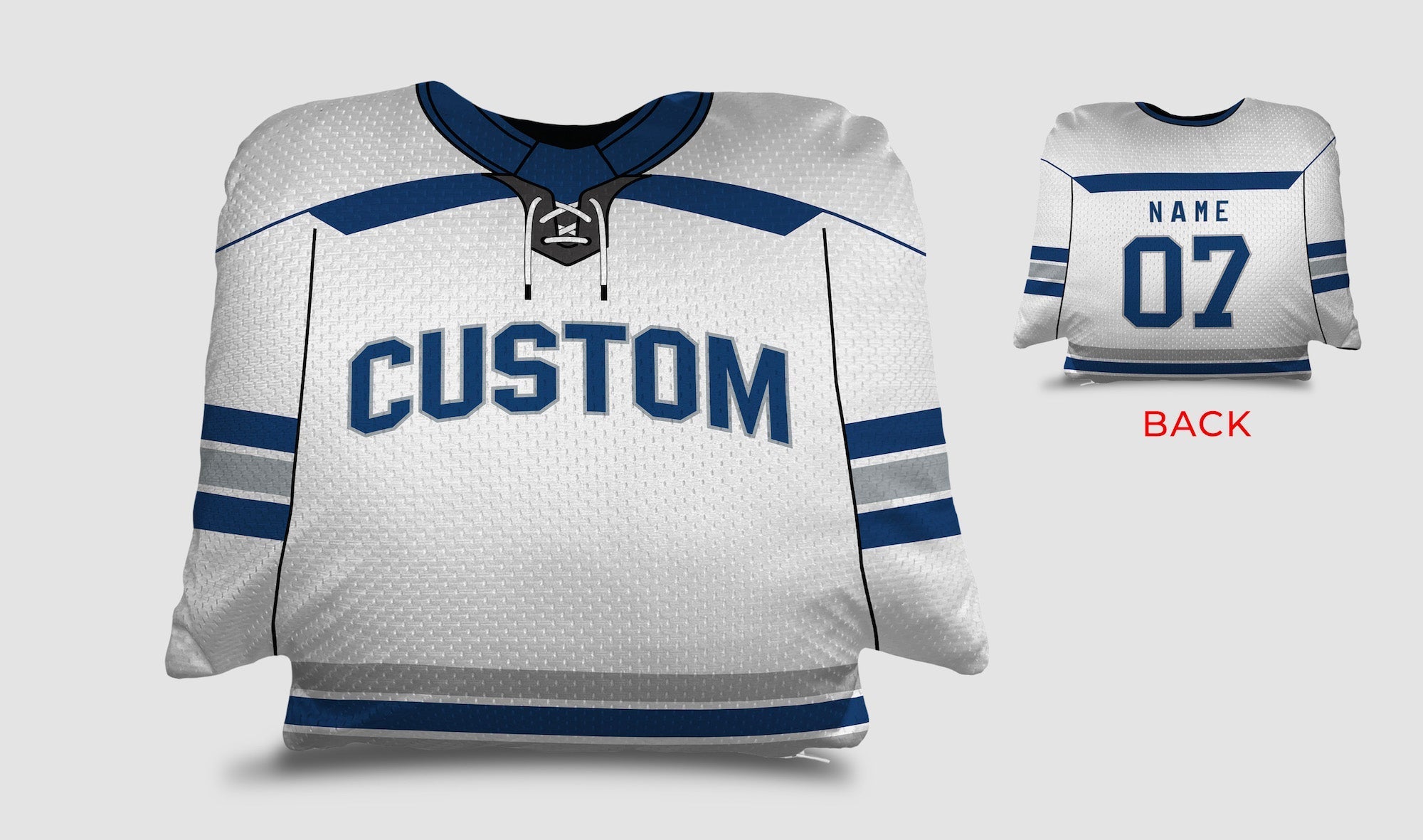 Front and backside of a Personalized Hockey Jersey Pillow in White-Blue-Grey color