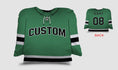 Load image into Gallery viewer, Front and backside of a Personalized Hockey Jersey Pillow in Green-Black color
